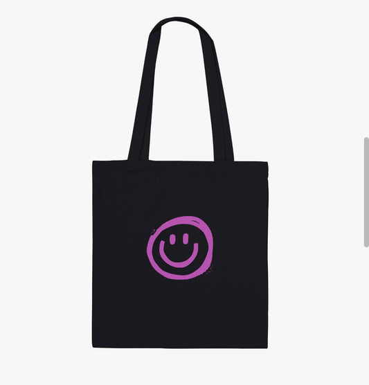 Stylish Black Tote Bag with Purple Minimalist Smiley Drawing | Eco-friendly Fashion Accessory